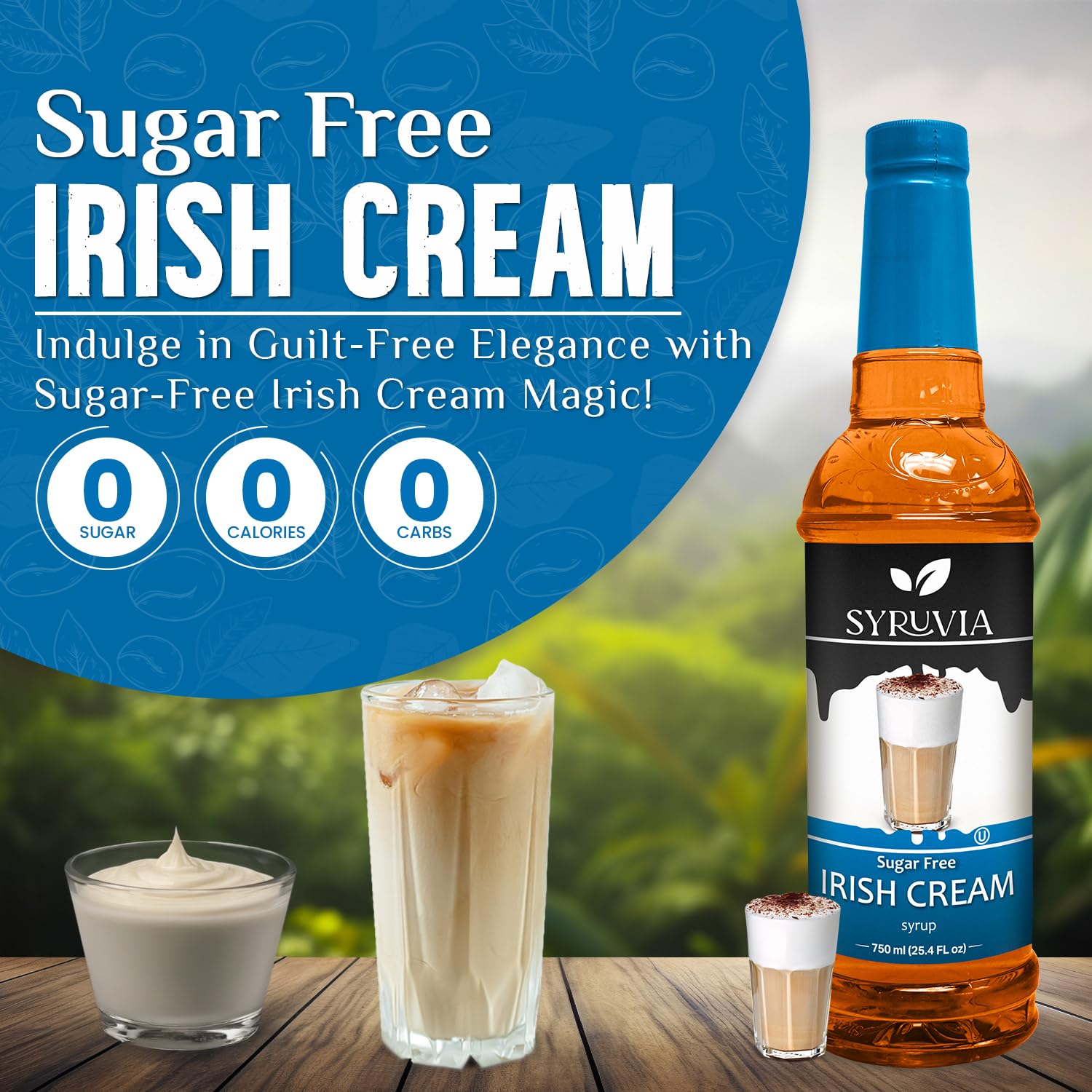 SYRUVIA Irish Cream sugar-free syrup jar ready to top desserts.