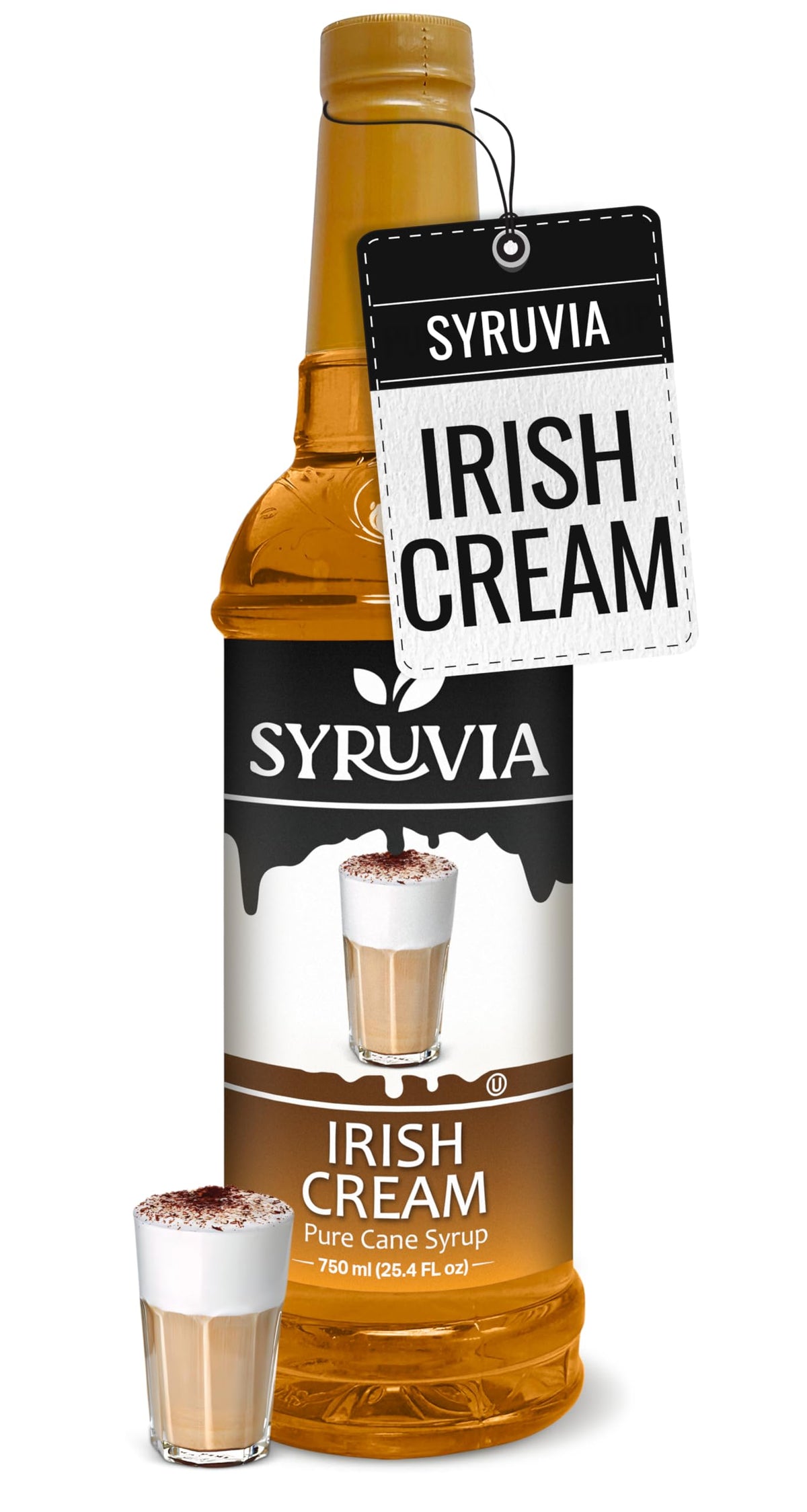 SYRUVIA Irish Cream syrup bottle on counter, enhancing coffee flavor.