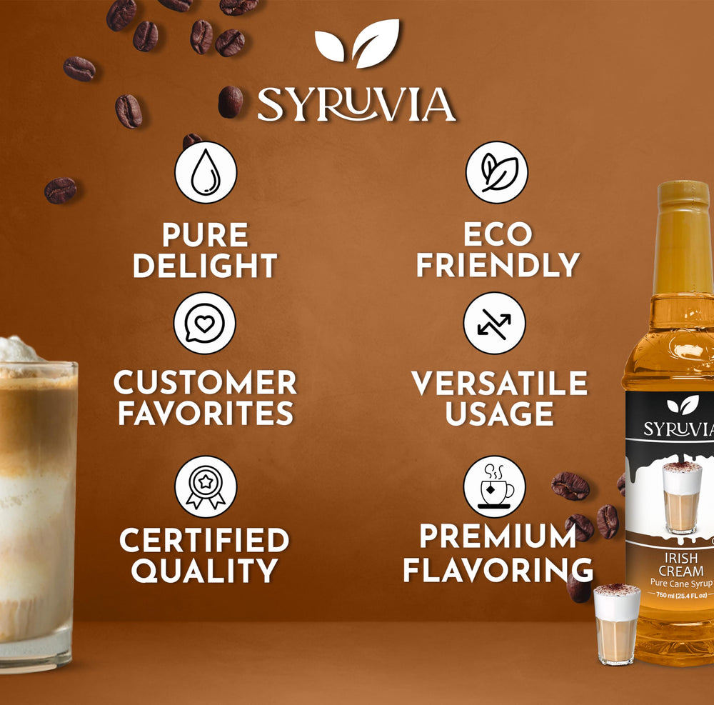 SYRUVIA Irish Cream syrup packaging on display for shoppers.