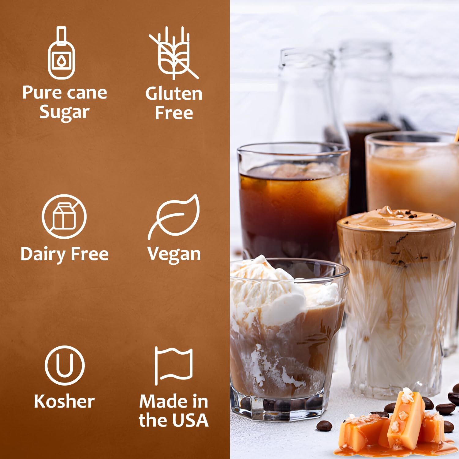 Latte art with caramel from Syruvia syrup adds creamy finish.