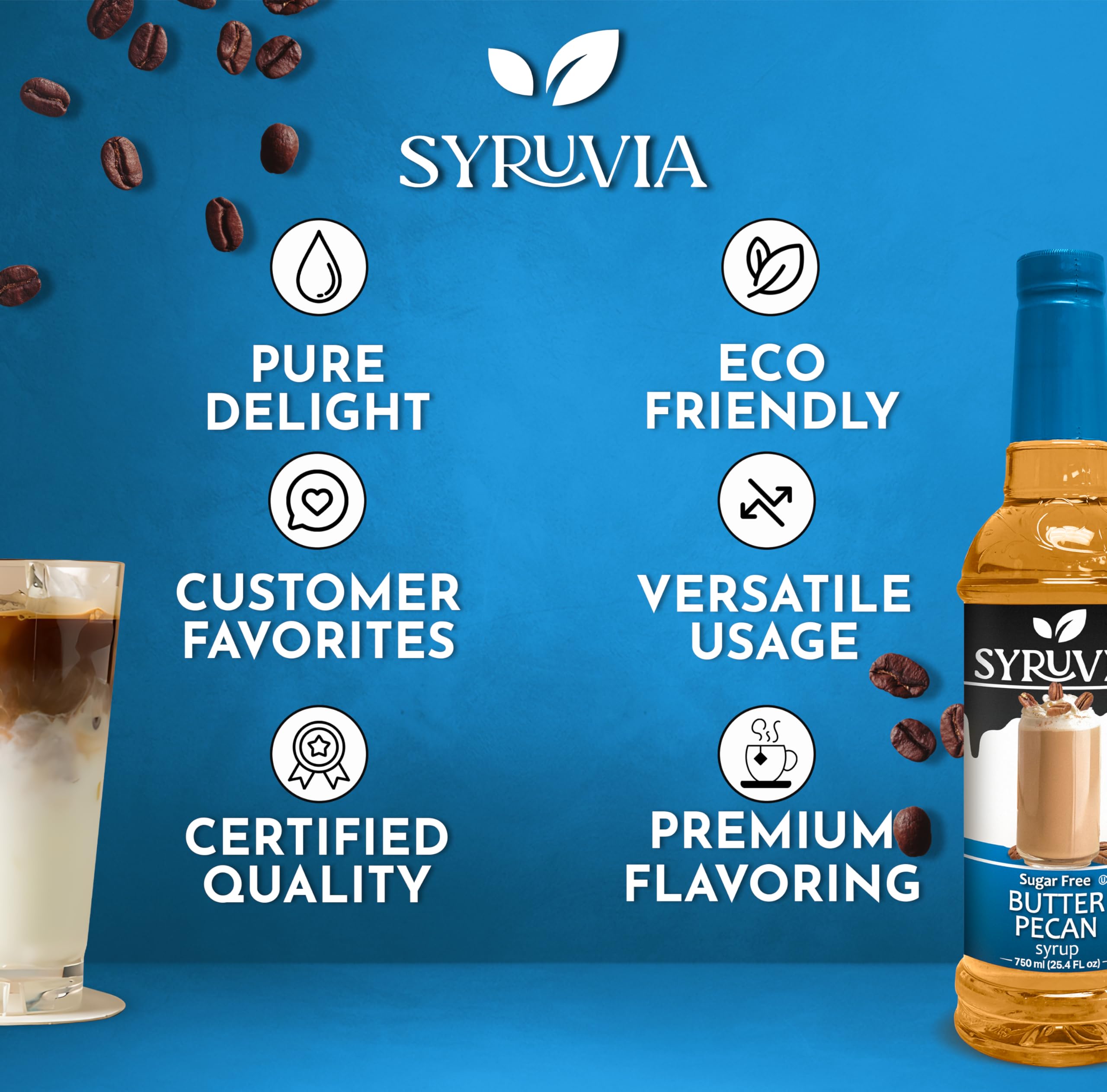SYRUVIA Sugar Free Butter Pecan Syrup bottle on kitchen counter.