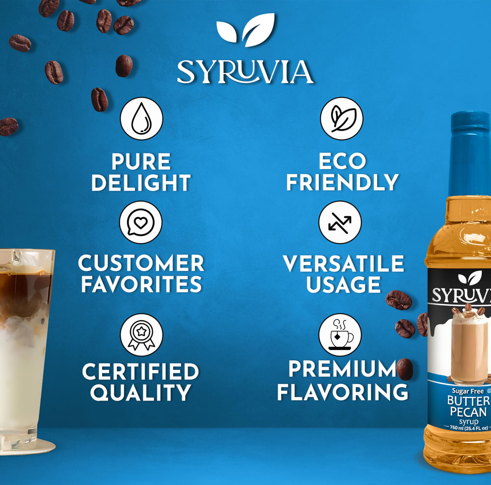 SYRUVIA Sugar Free Butter Pecan Syrup bottle on kitchen counter.