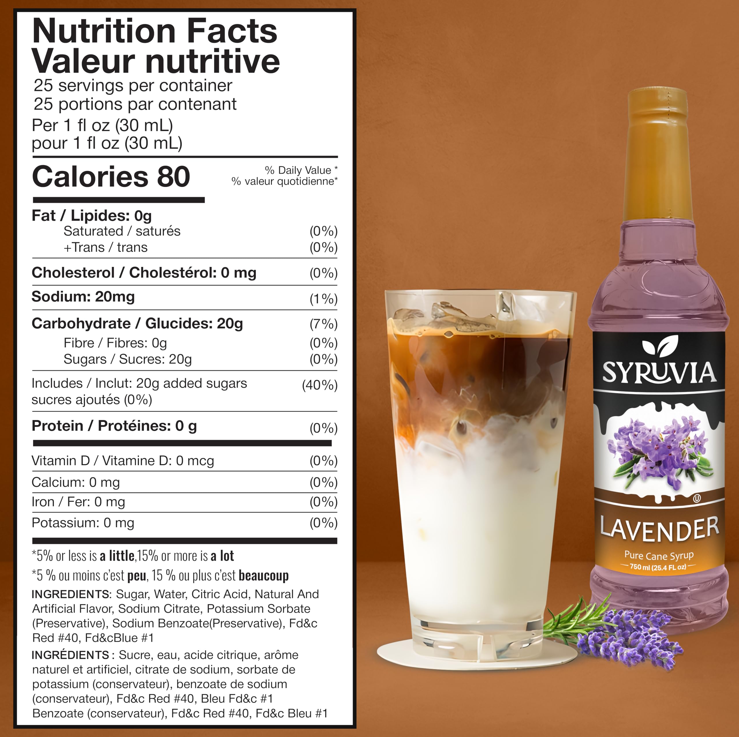 SYRUVIA Lavender Syrup being poured over coffee to flavor