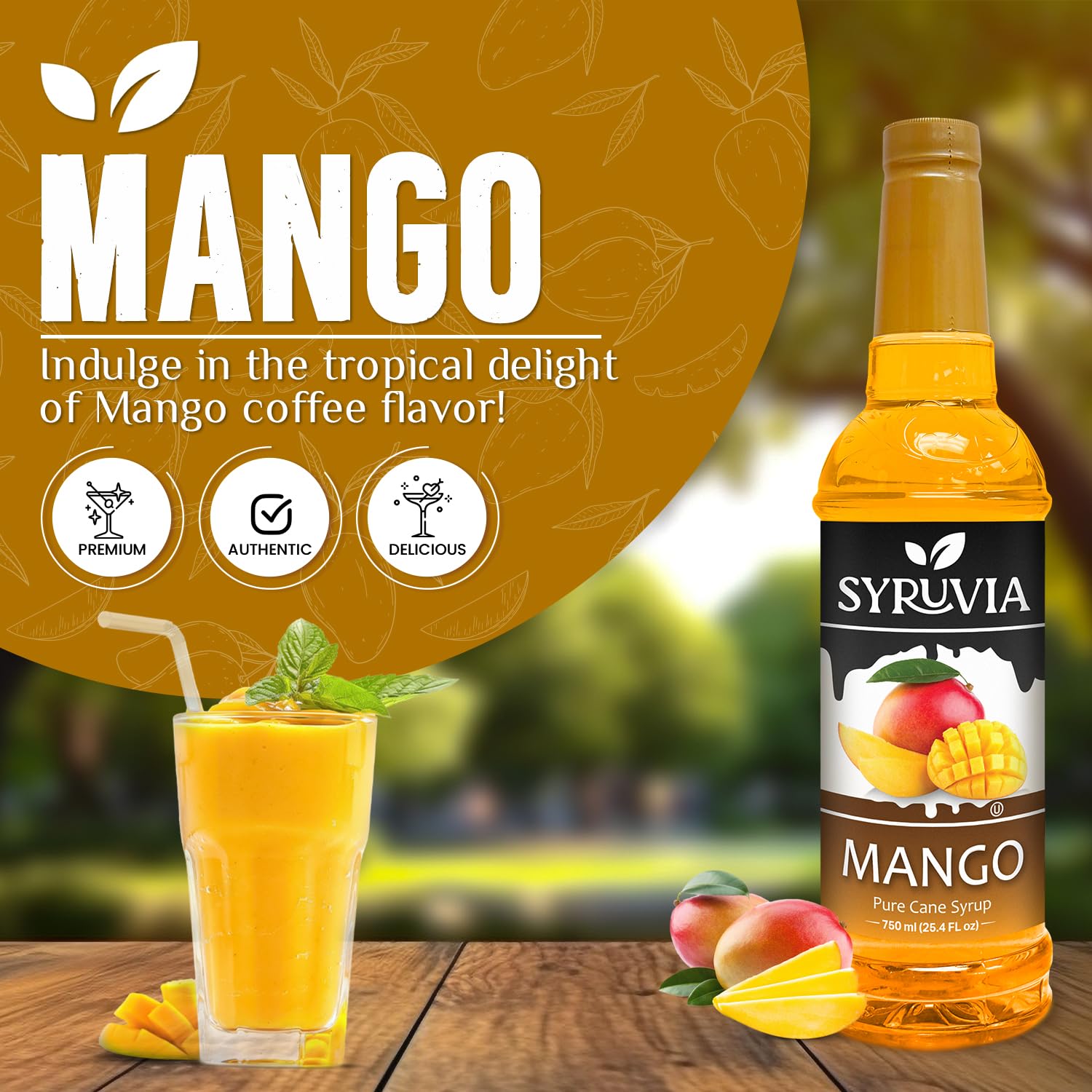 SYRUVIA Mango Syrup glass with drink, tropical notes for cocktails