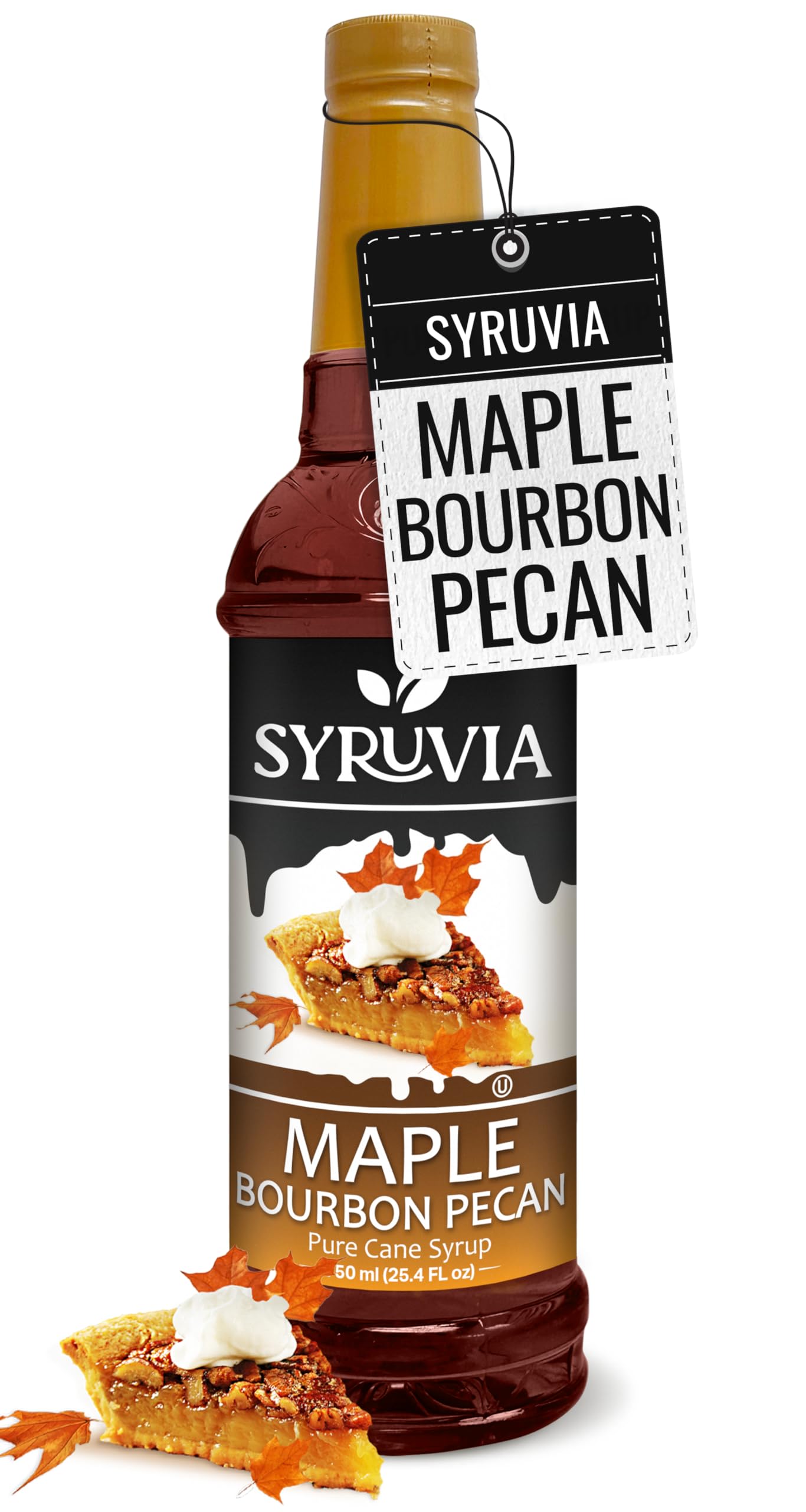 SYRUVIA Maple Bourbon Pecan Syrup bottle close-up with rich aroma.