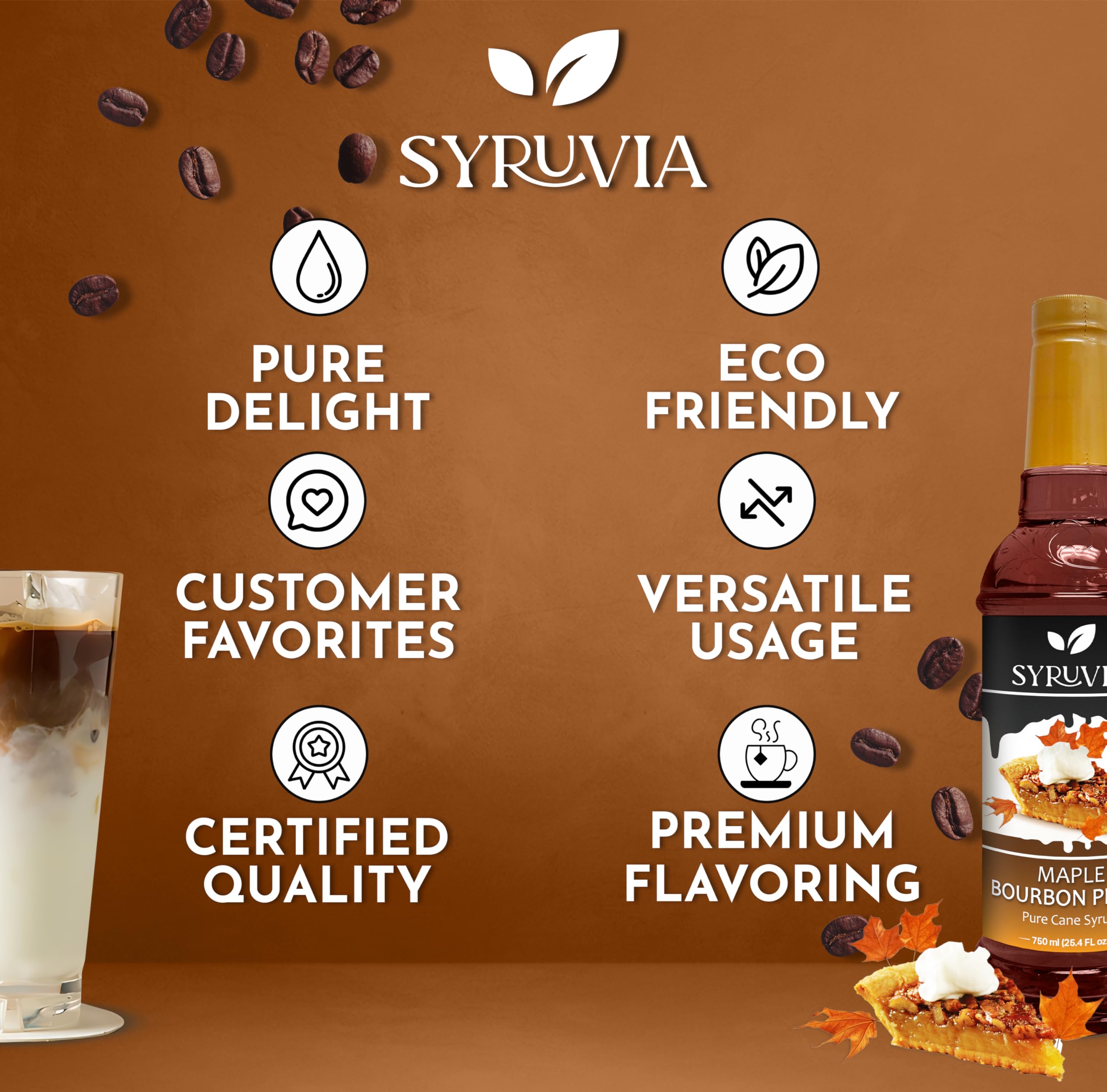 Kosher-certified SYRUVIA syrup highlighting premium ingredients.