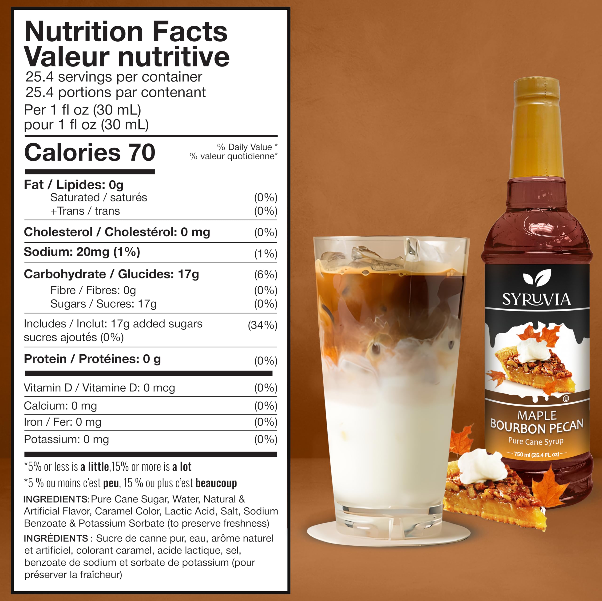 SYRUVIA Maple Bourbon Pecan Syrup poured into a latte for creamy texture.