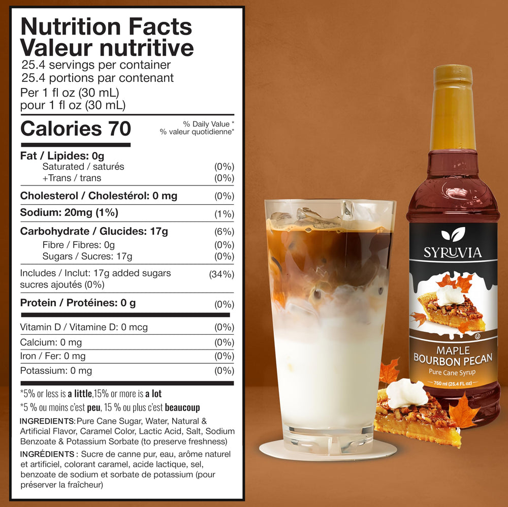 SYRUVIA Maple Bourbon Pecan Syrup poured into a latte for creamy texture.
