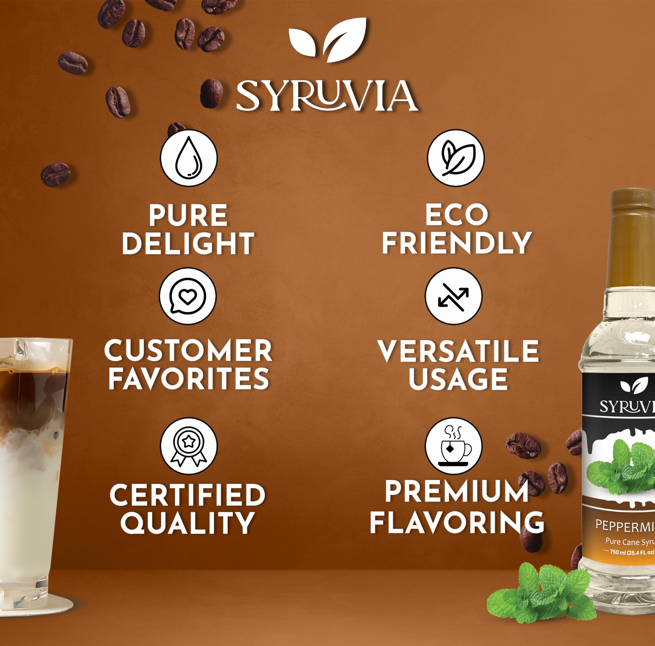 Syruvia Peppermint Syrup made with pure cane sugar for rich sweetness.