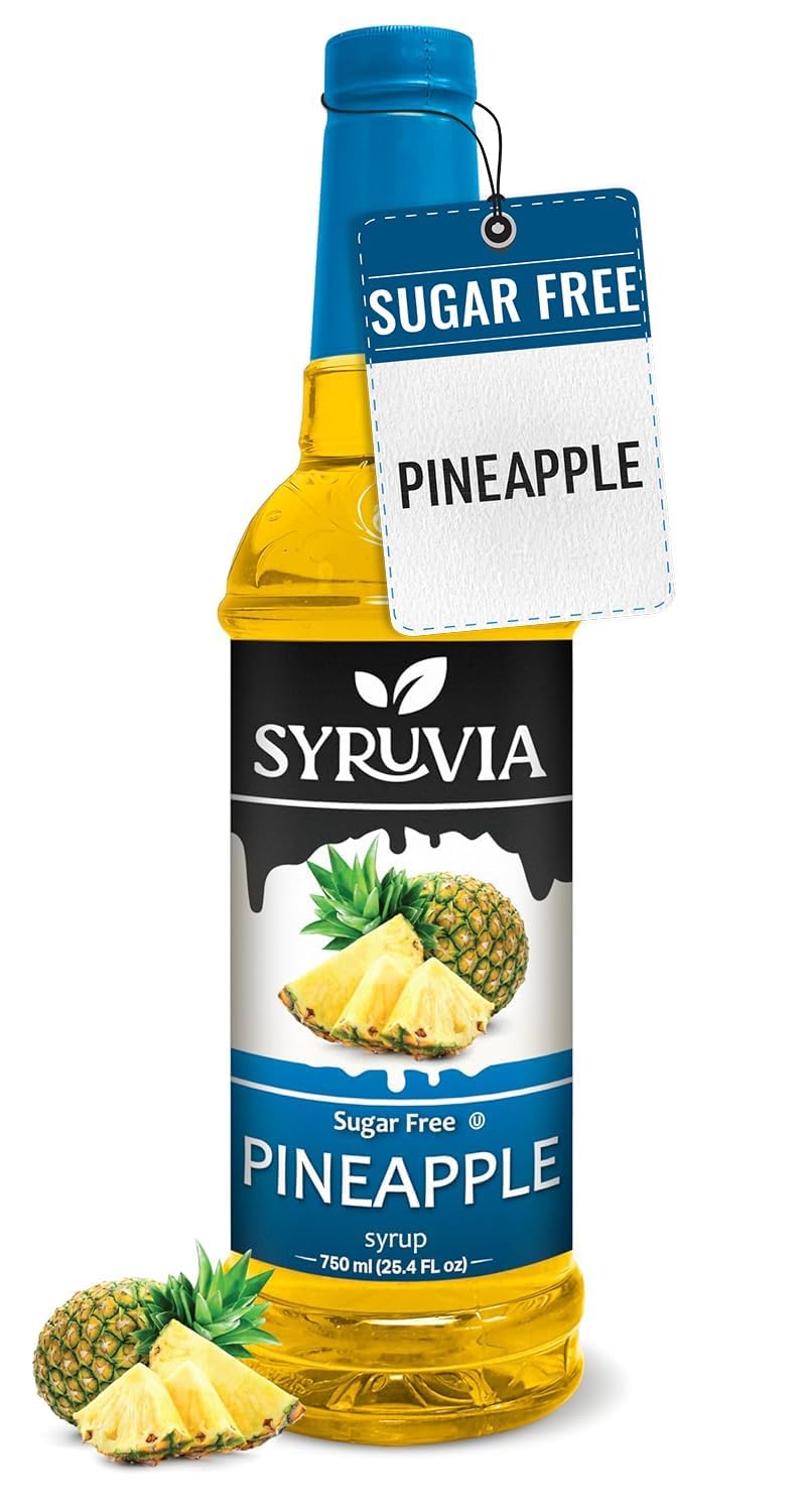 Syruvia Pineapple Syrup bottle on counter, sugar-free flavor enhancer for beverages