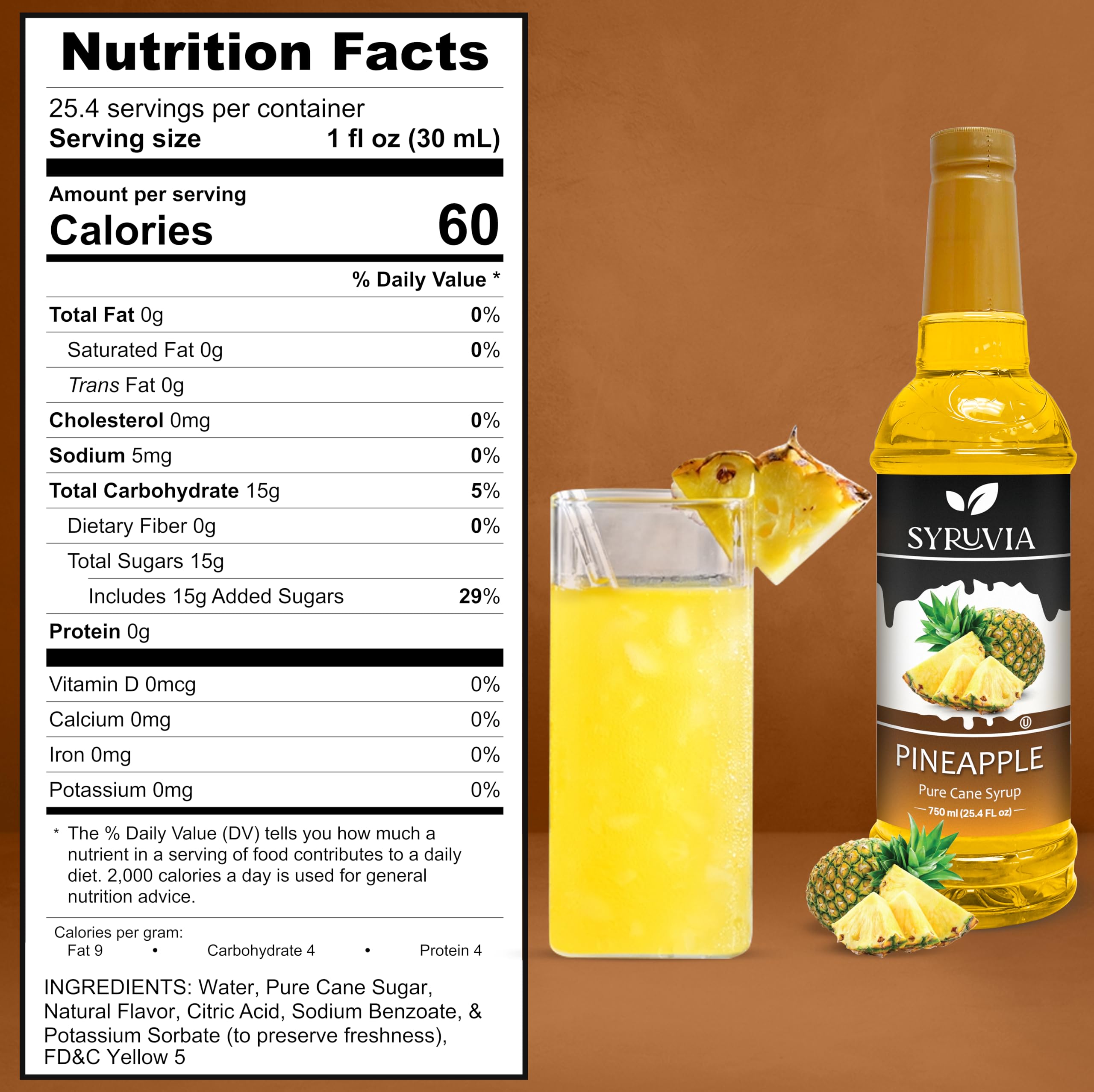 SYRUVIA Pineapple Syrup being poured into a glass for refreshing beverages.