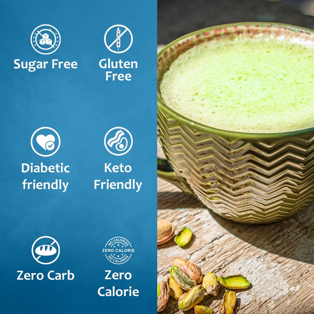 SYRUVIA Pistachio Syrup poured over coffee in a mug
