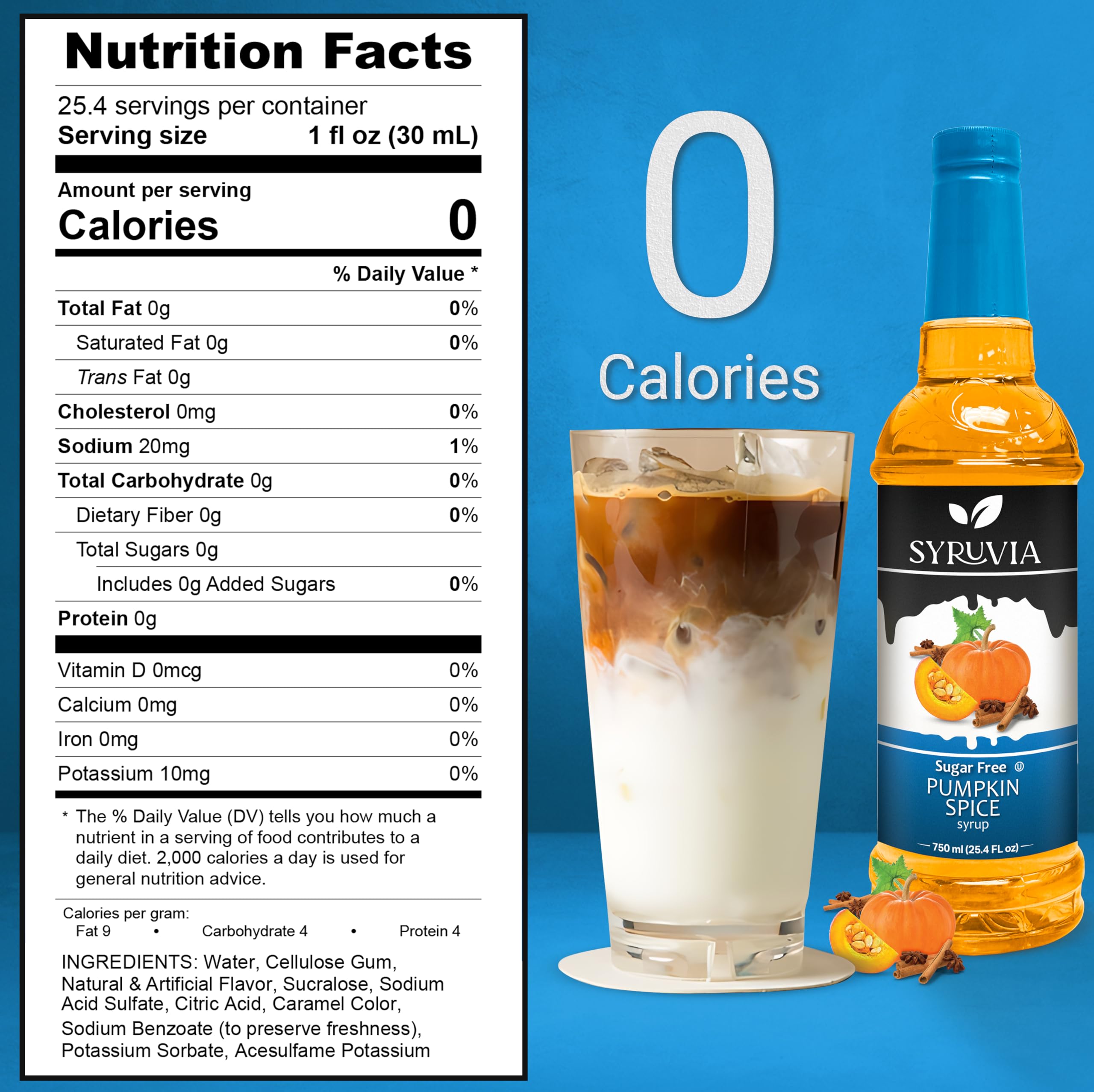 SYRUVIA Sugar Free Pumpkin Spice Syrup in latte glass enhances coffee with autumn aroma