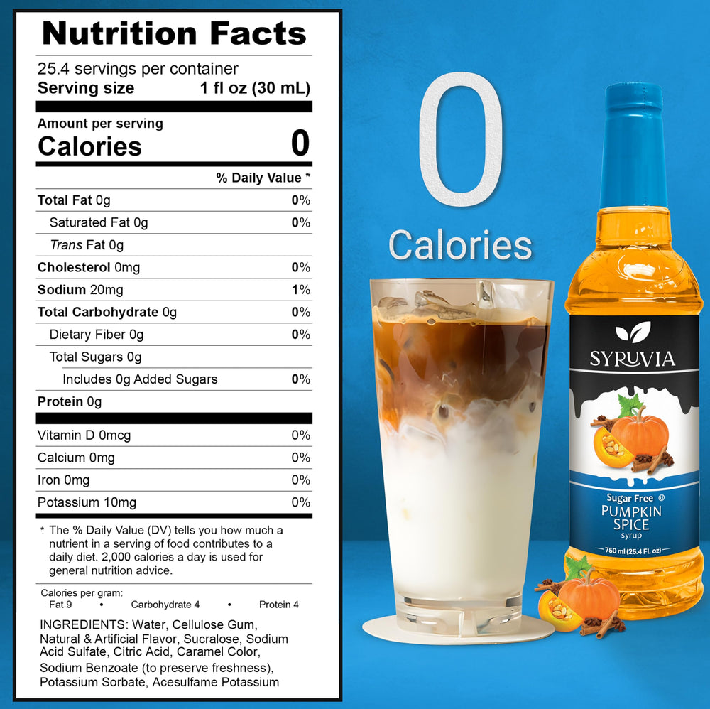 SYRUVIA Sugar Free Pumpkin Spice Syrup in latte glass enhances coffee with autumn aroma