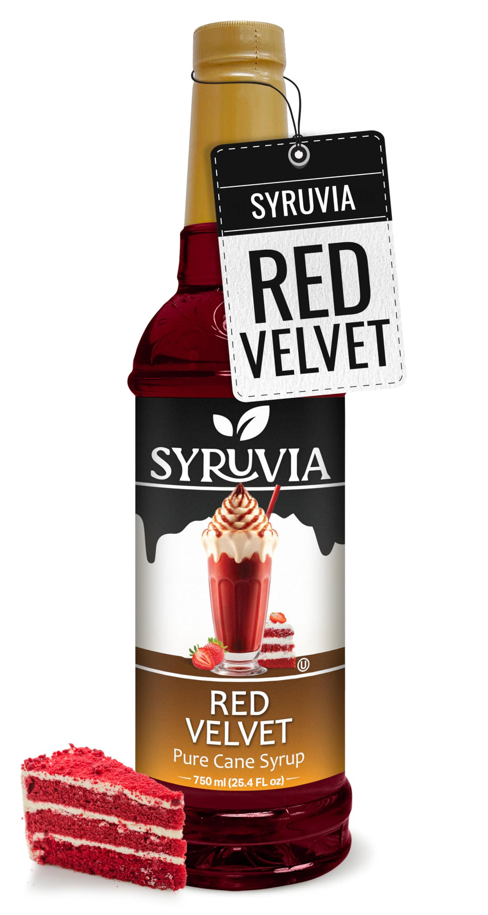 SYRUVIA Red Velvet Syrup bottle enhances drinks and desserts with rich flavor.