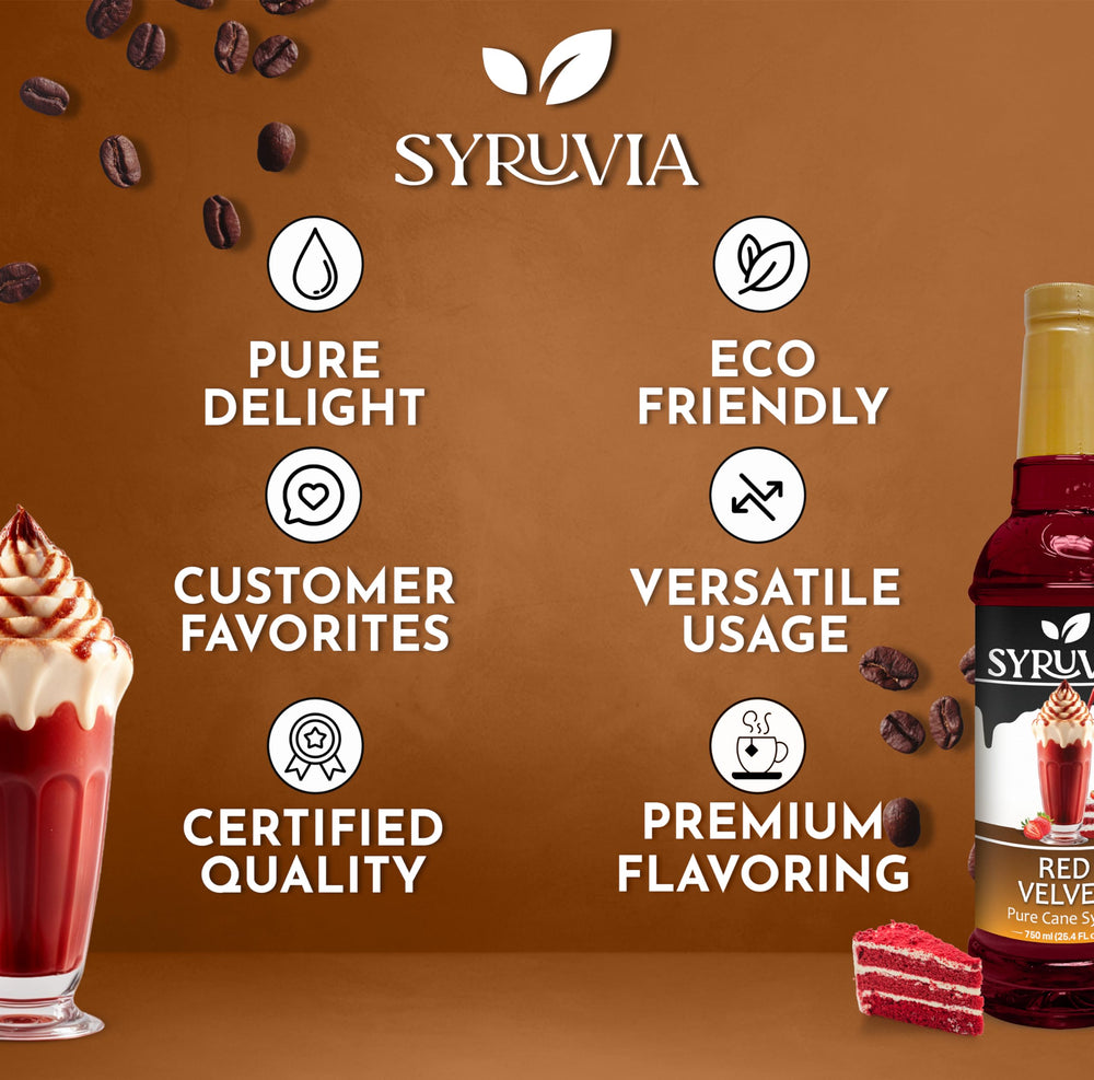 SYRUVIA Red Velvet Syrup USA-made label signals quality.
