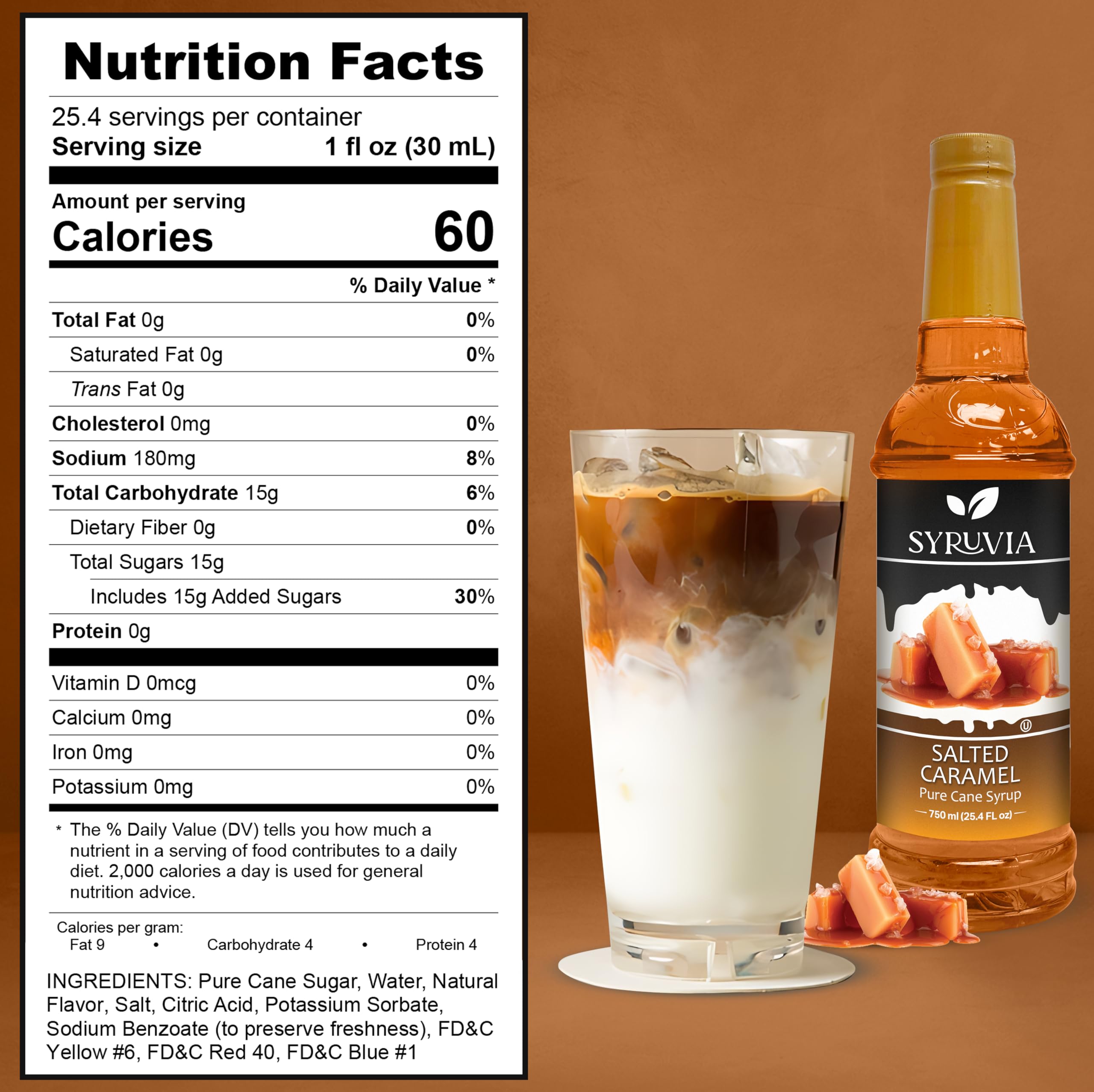 Pouring Syruvia salted caramel syrup enhances coffees with rich aroma.