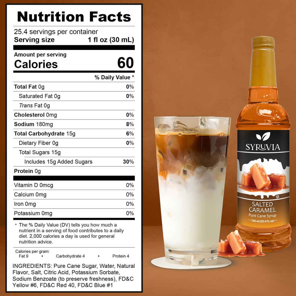 Pouring Syruvia salted caramel syrup enhances coffees with rich aroma.