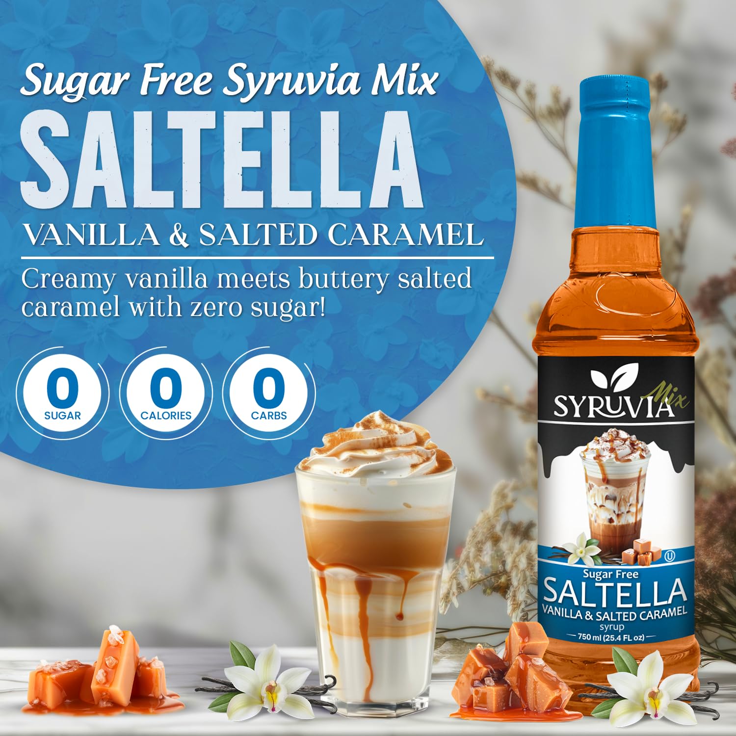 Cup of coffee with SYRUVIA SALTELLA vanilla salted caramel flavor