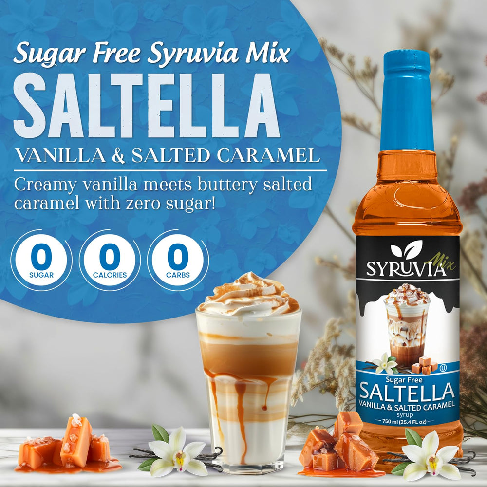 Cup of coffee with SYRUVIA SALTELLA vanilla salted caramel flavor