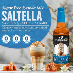 Cup of coffee with SYRUVIA SALTELLA vanilla salted caramel flavor