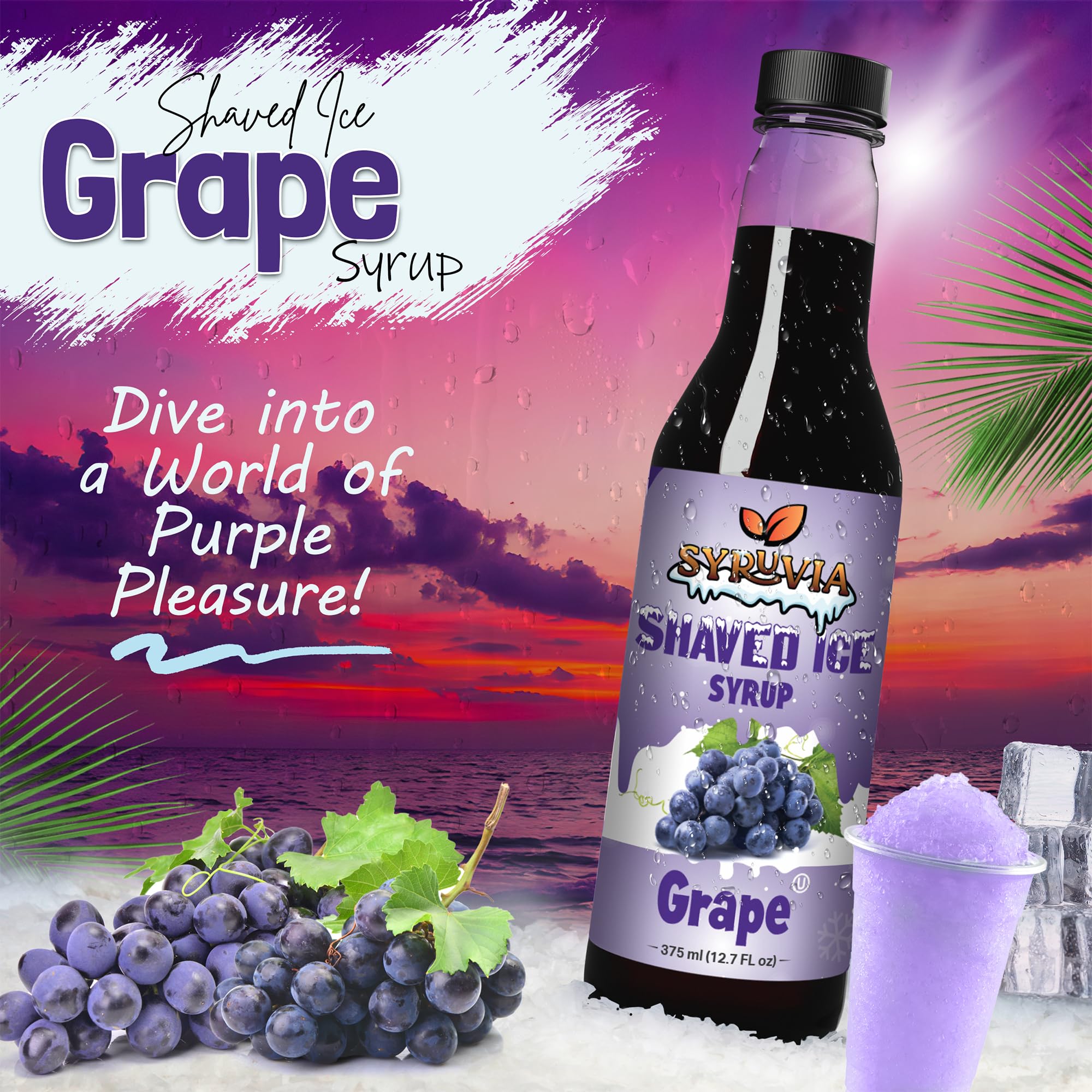 Syruvia grape snow cone syrup label highlights kosher and dairy-free
