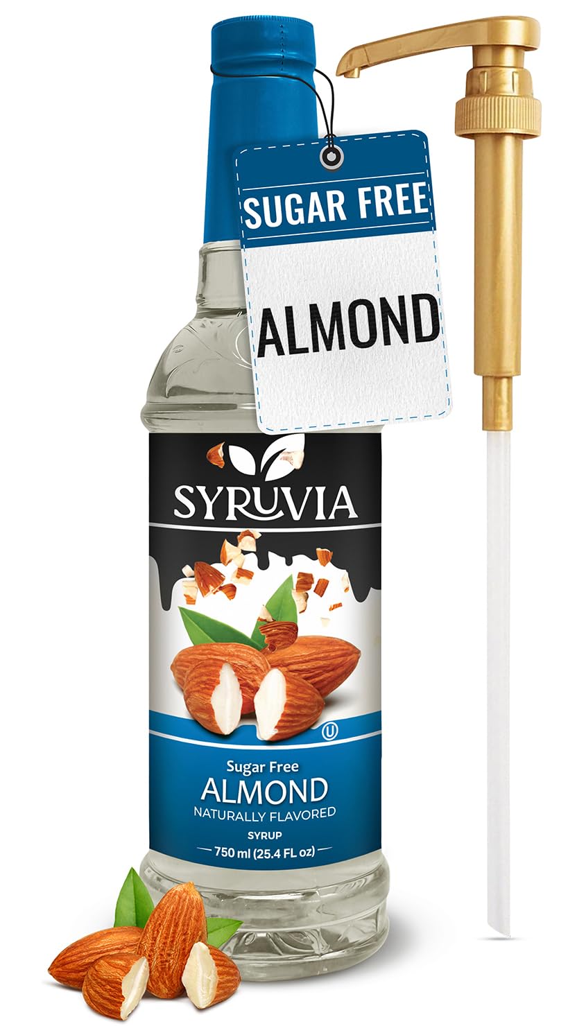 Syruvia Sugar Free Almond Syrup bottle with pump for calorie-free beverages