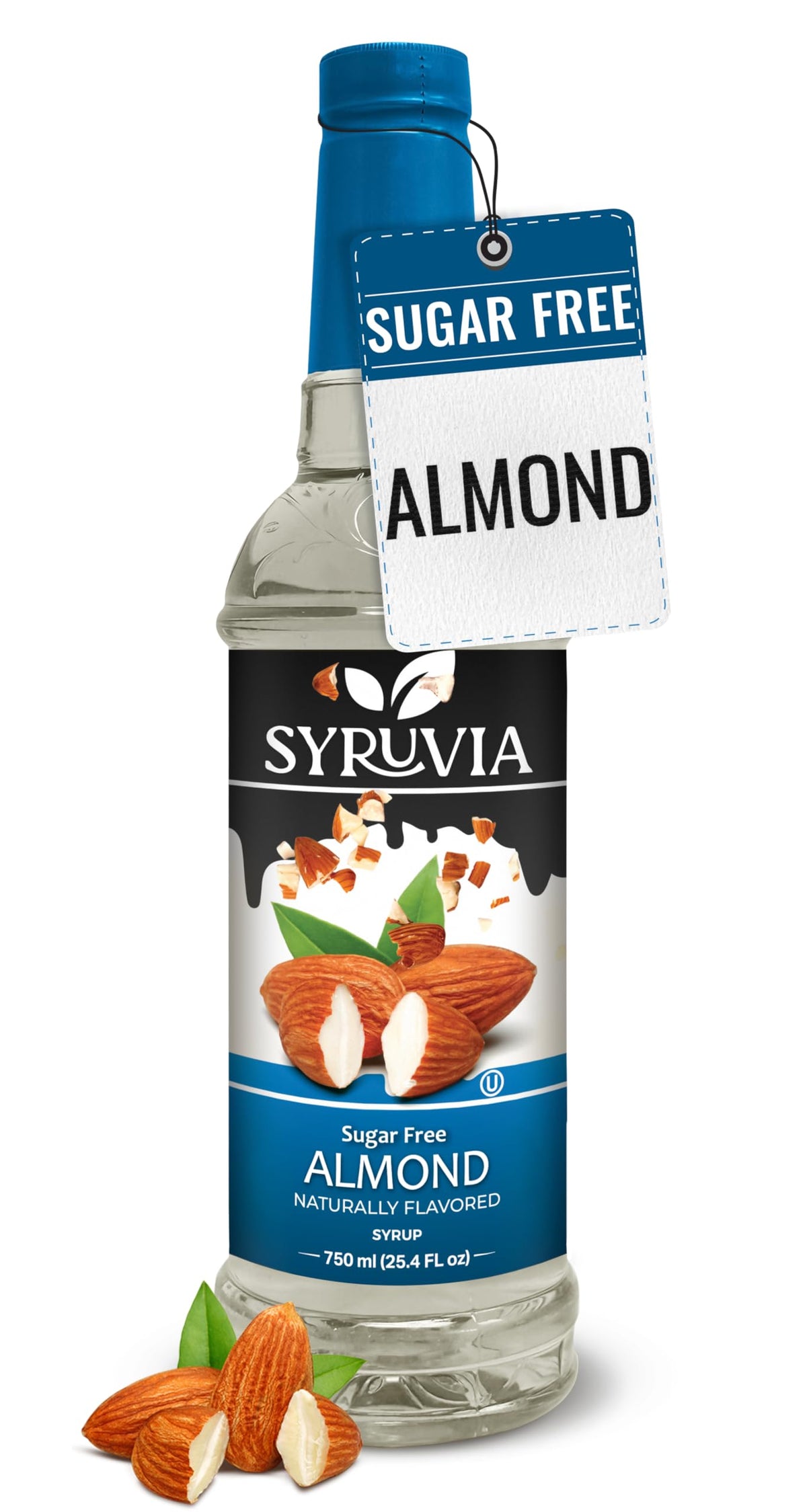 SYRUVIA sugar-free almond syrup bottle for rich, guilt-free flavor in coffee and desserts.