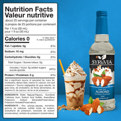 Pouring Syruvia almond syrup into coffee for a rich, nutty flavor