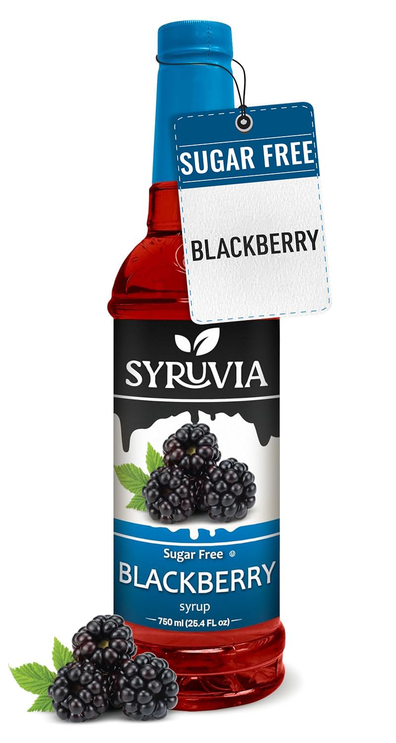 Syruvia Sugar-Free Blackberry Syrup bottle highlights bold flavor for drinks.
