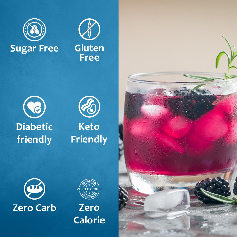 Dessert-topping view of SYRUVIA Sugar-Free Blackberry Syrup over a fruit dessert.