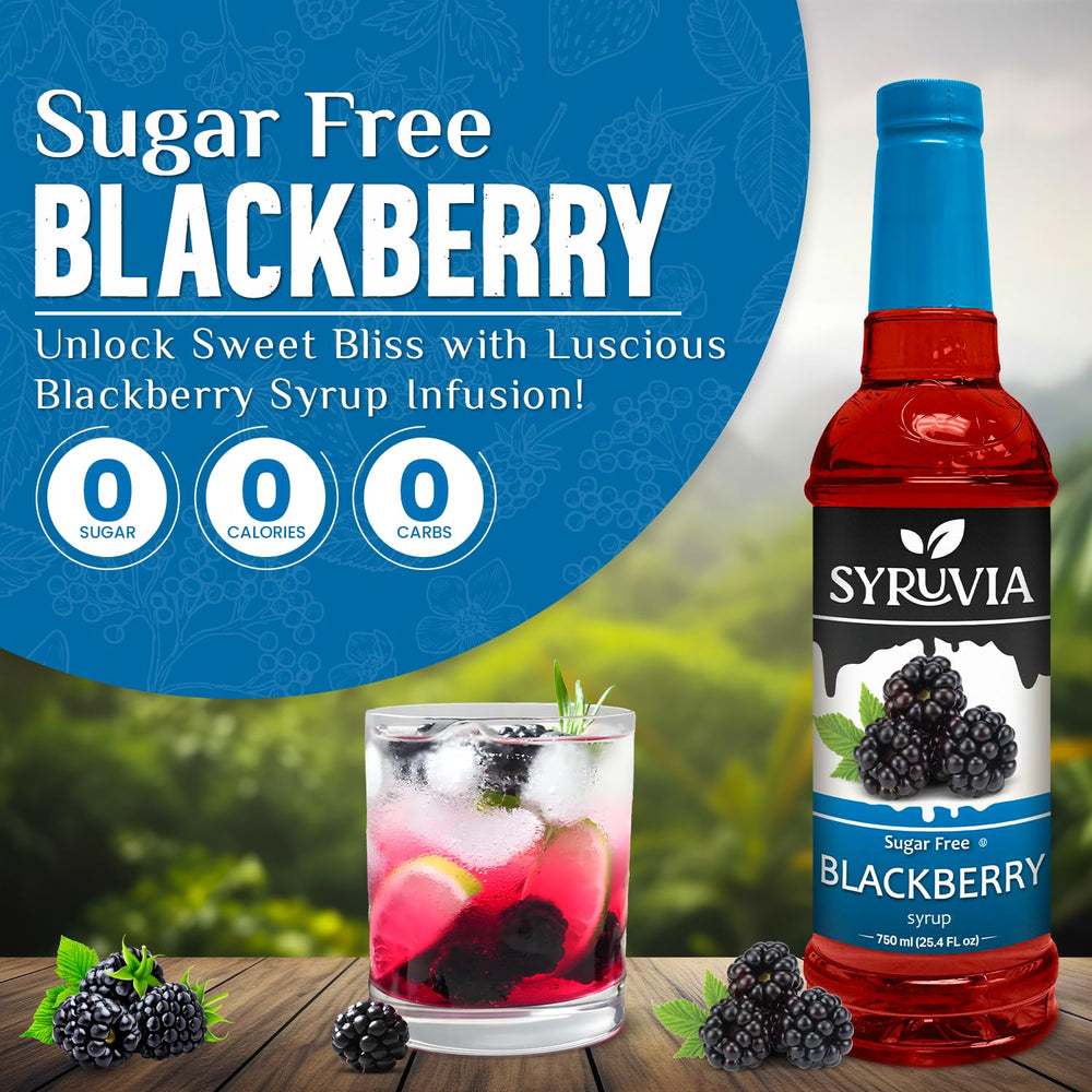 Syruvia Sugar-Free Blackberry Syrup glass shows vibrant drink with zero-calorie sweetness.