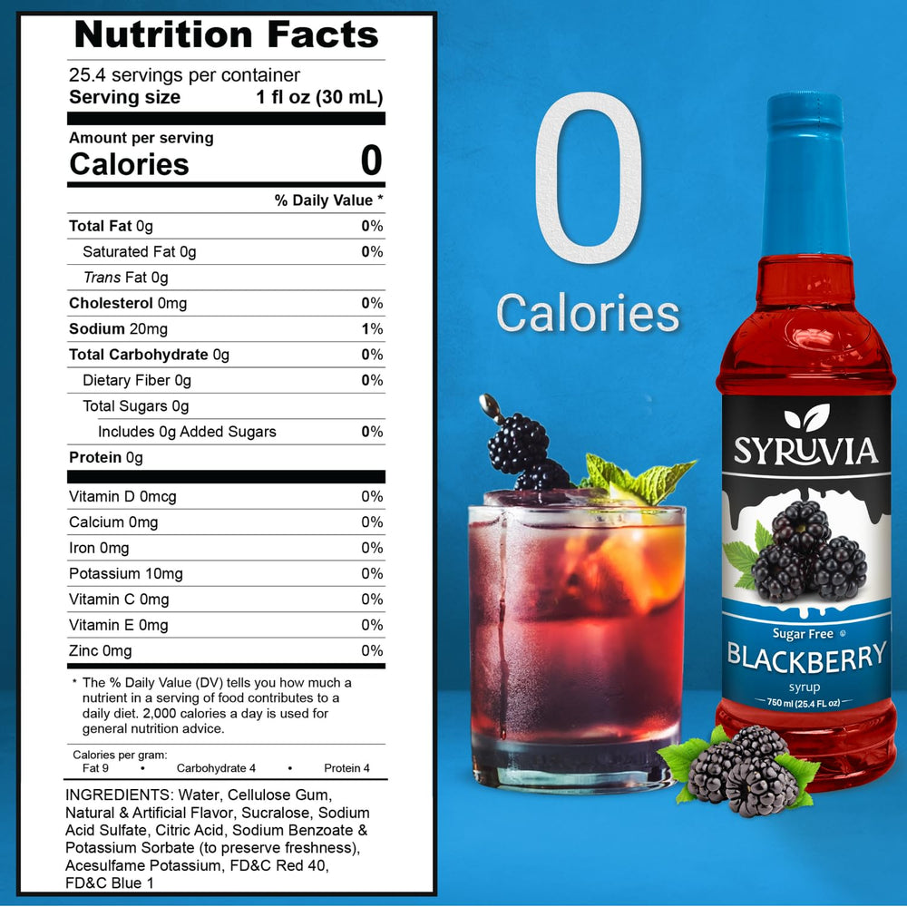 Pouring Syruvia blackberry syrup captures sugar-free sweetness for beverages.