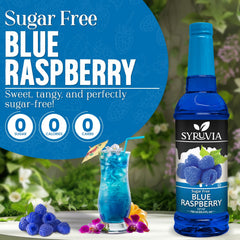 Close-up of SYRUVIA sugar-free blue raspberry label