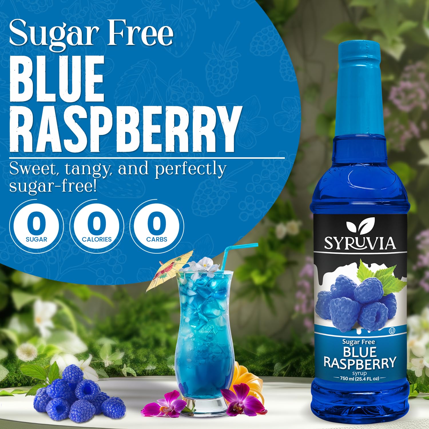 SYRUVIA Sugar-Free Blue Raspberry Syrup pour drizzled over desserts