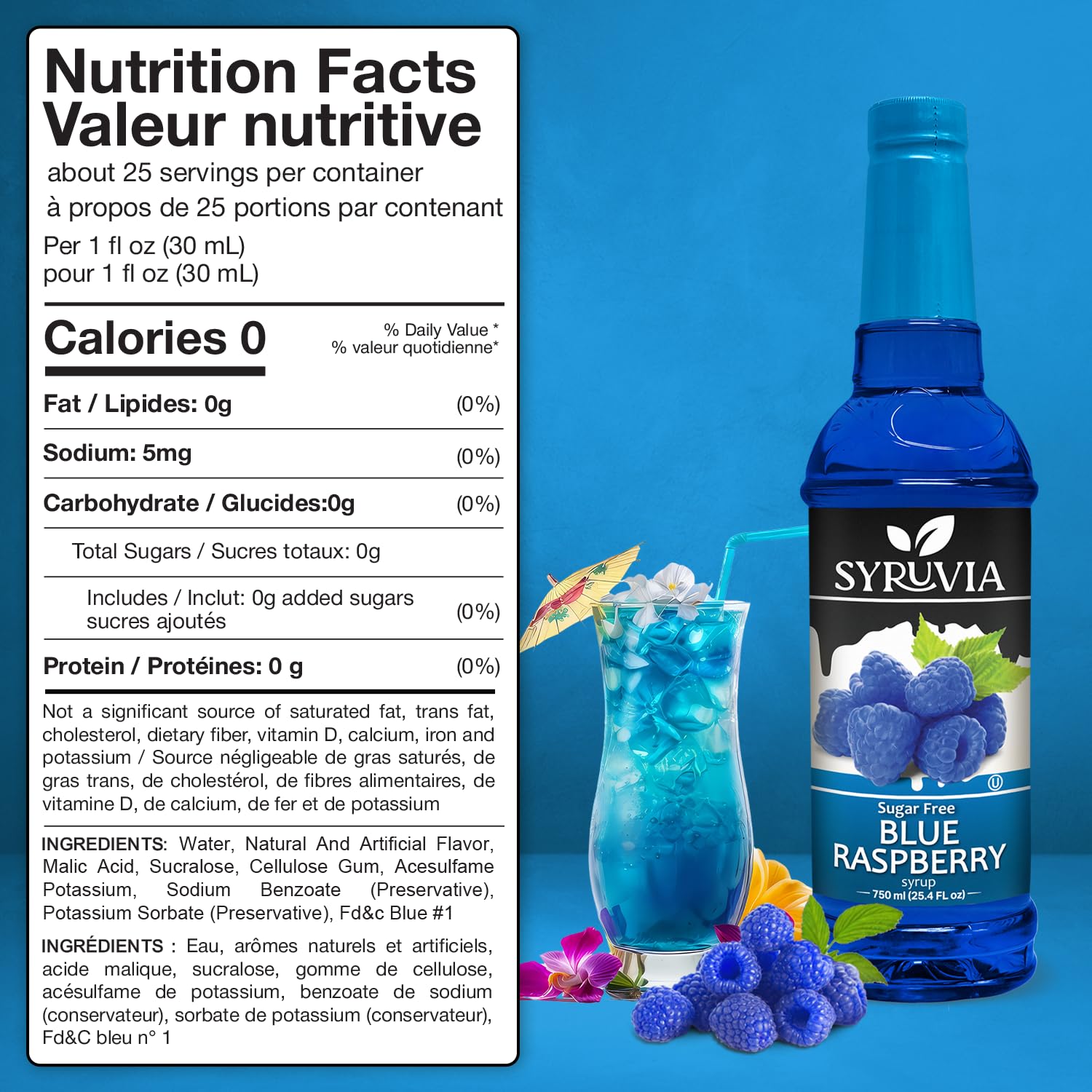 Pouring SYRUVIA blue raspberry syrup into a glass for a fruity twist