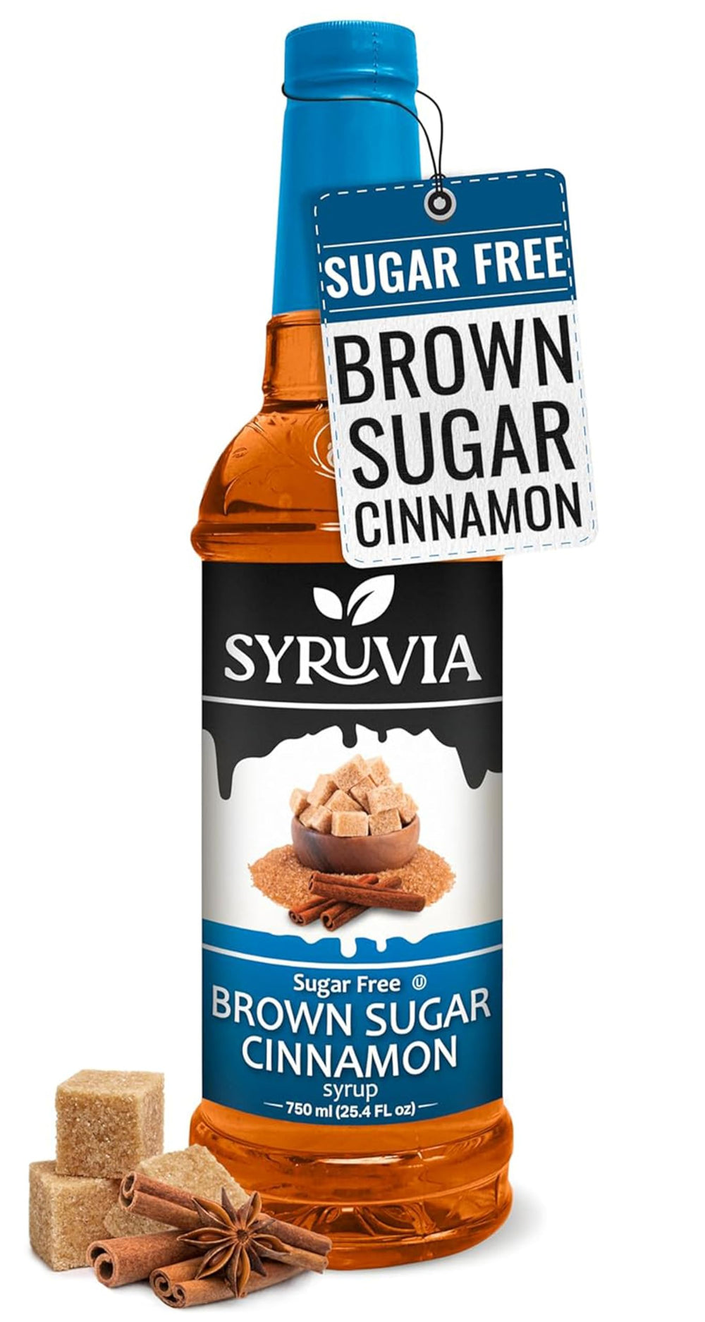 SYRUVIA Sugar Free Brown Sugar Cinnamon Syrup bottle front, ideal for guilt-free coffee flavoring.