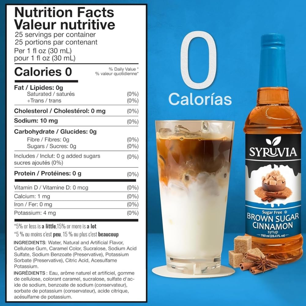 SYRUVIA Sugar Free Brown Sugar Cinnamon Syrup label closeup, Kosher-certified and coloring-free.