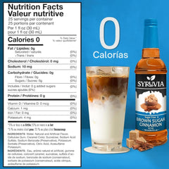SYRUVIA Sugar Free Brown Sugar Cinnamon Syrup label closeup, Kosher-certified and coloring-free.