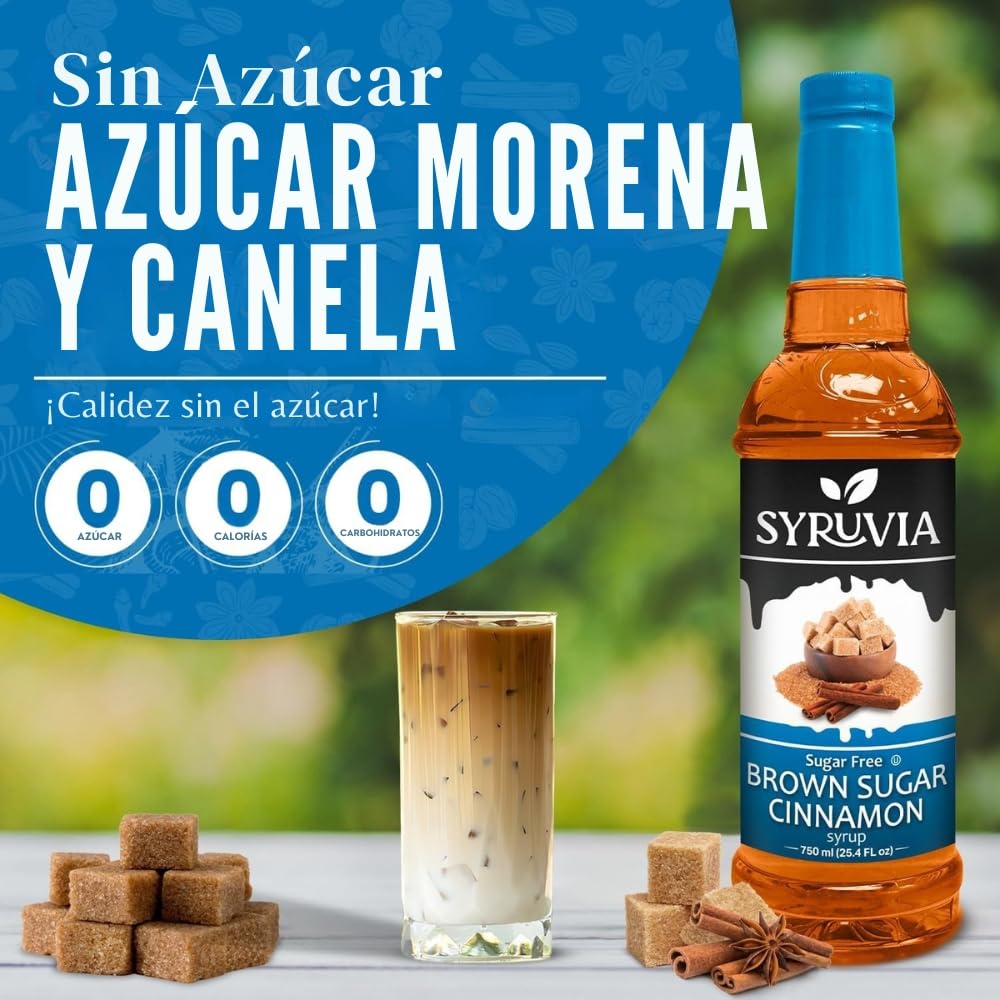SYRUVIA Sugar Free Brown Sugar Cinnamon Syrup pouring into coffee, elevating morning beverages.