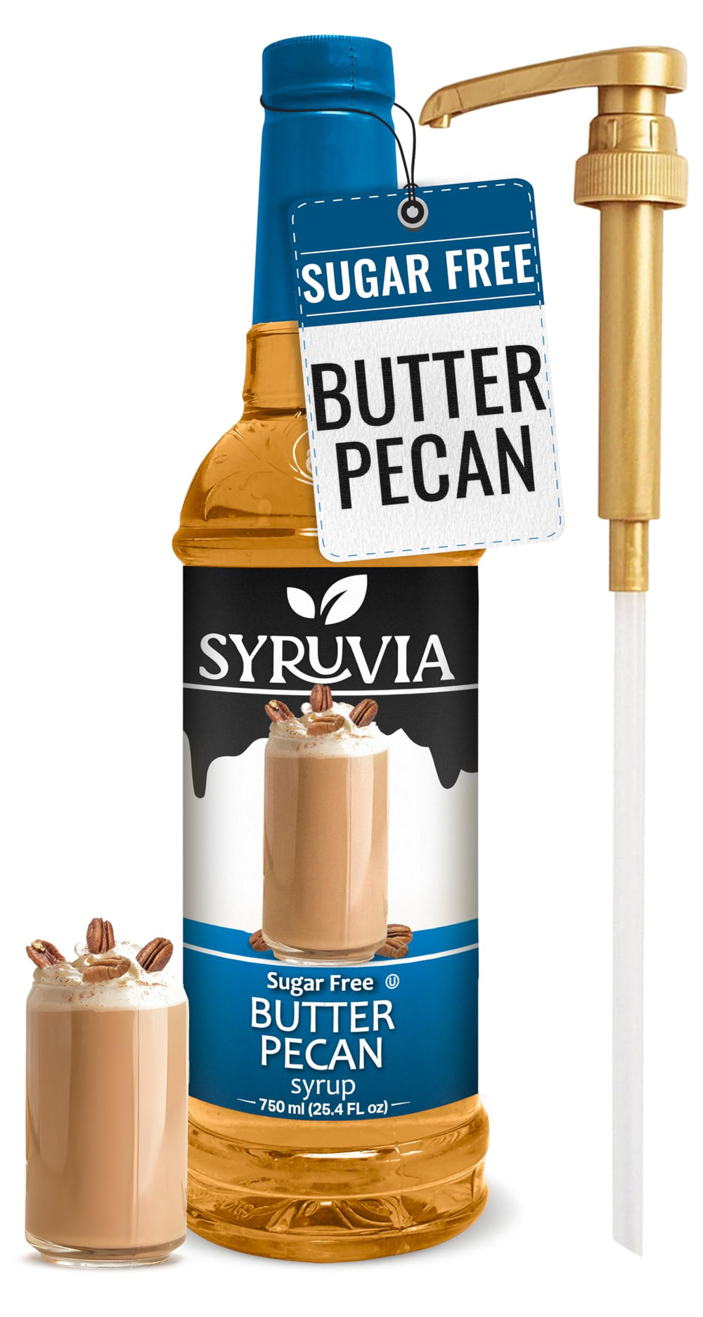 SYRUVIA Sugar Free Butter Pecan Syrup bottle, rich flavor, zero calories for coffee and desserts.