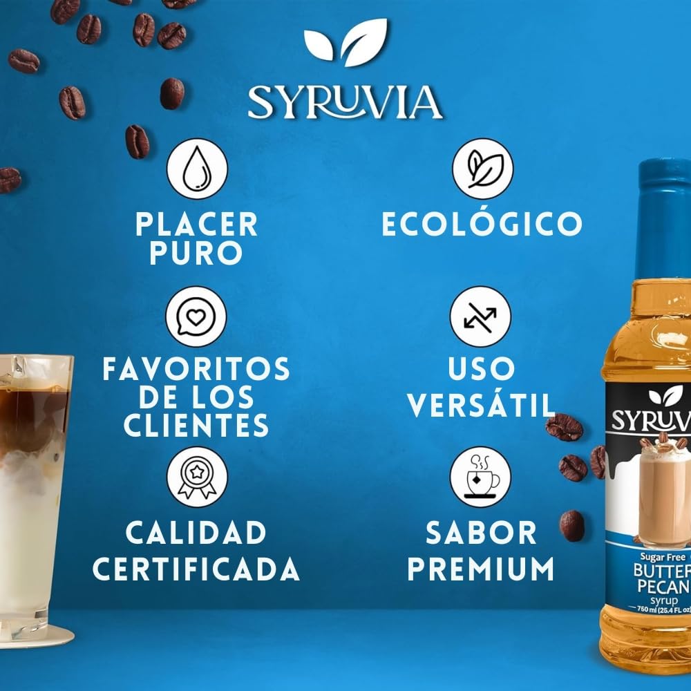 SYRUVIA Sugar Free Butter Pecan Syrup ingredient panel and bottle.