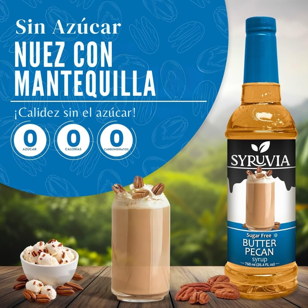 SYRUVIA Sugar Free Butter Pecan Syrup latte shot highlights creamy, zero-calorie sweetness.