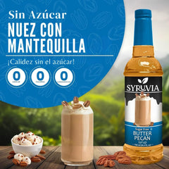 SYRUVIA Sugar Free Butter Pecan Syrup latte shot highlights creamy, zero-calorie sweetness.