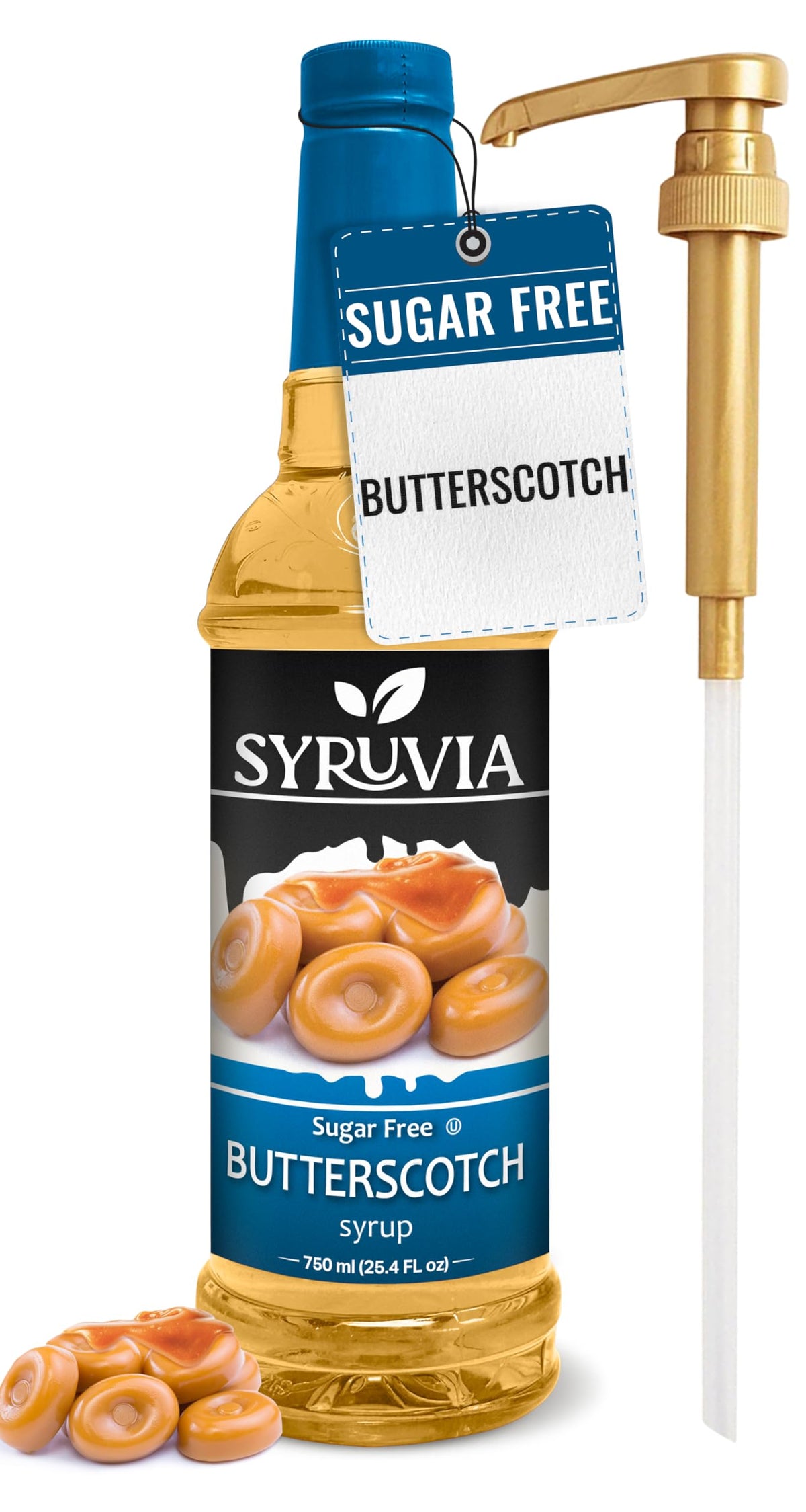 Syruvia sugar-free butterscotch syrup bottle for coffee and desserts.