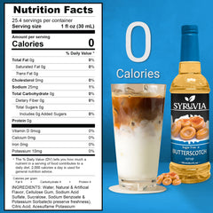 SYRUVIA sugar-free butterscotch syrup bottle drizzled over dessert