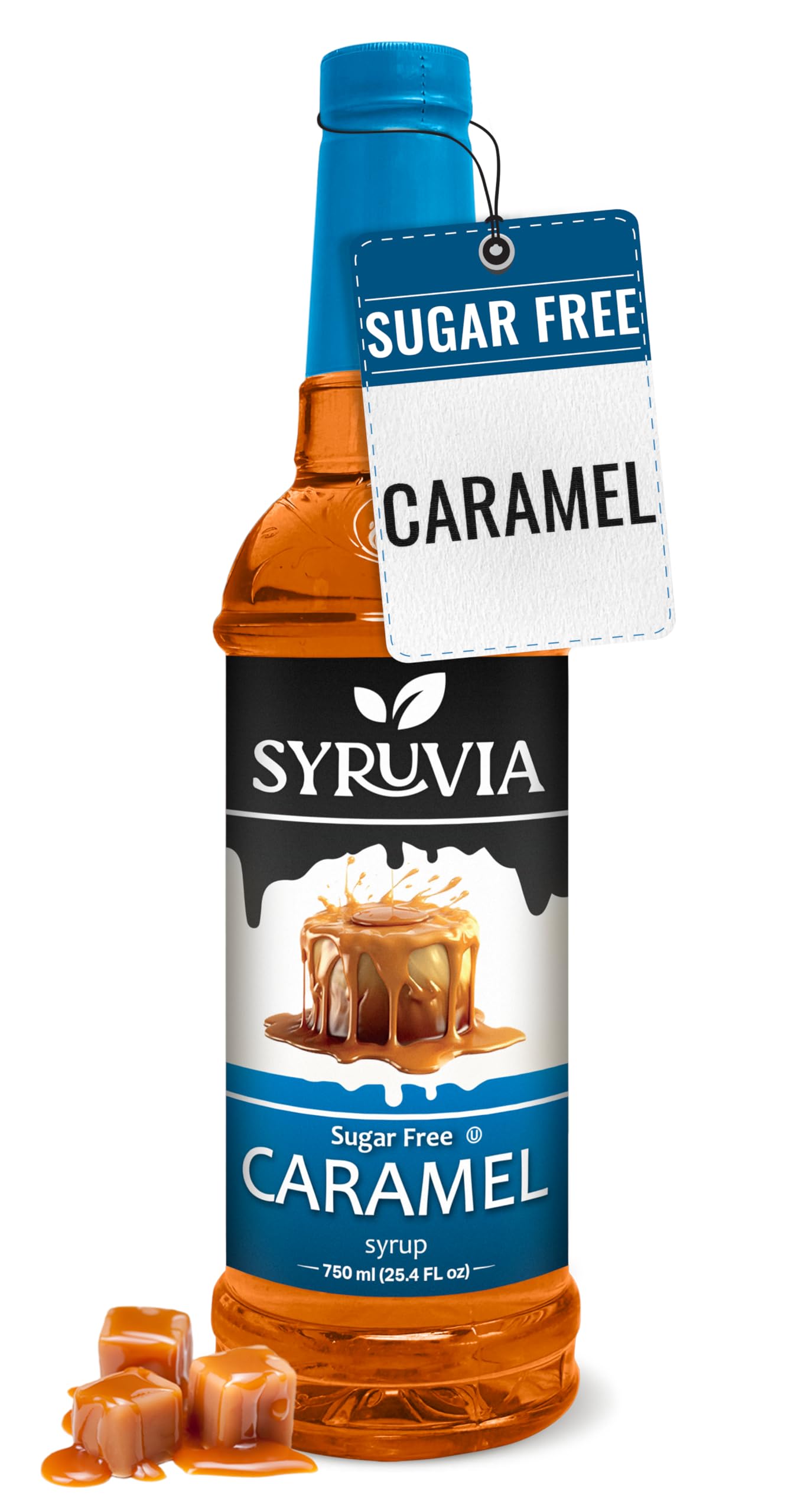 SYRUVIA Sugar Free Caramel Syrup bottle delivers rich caramel flavor with zero calories.