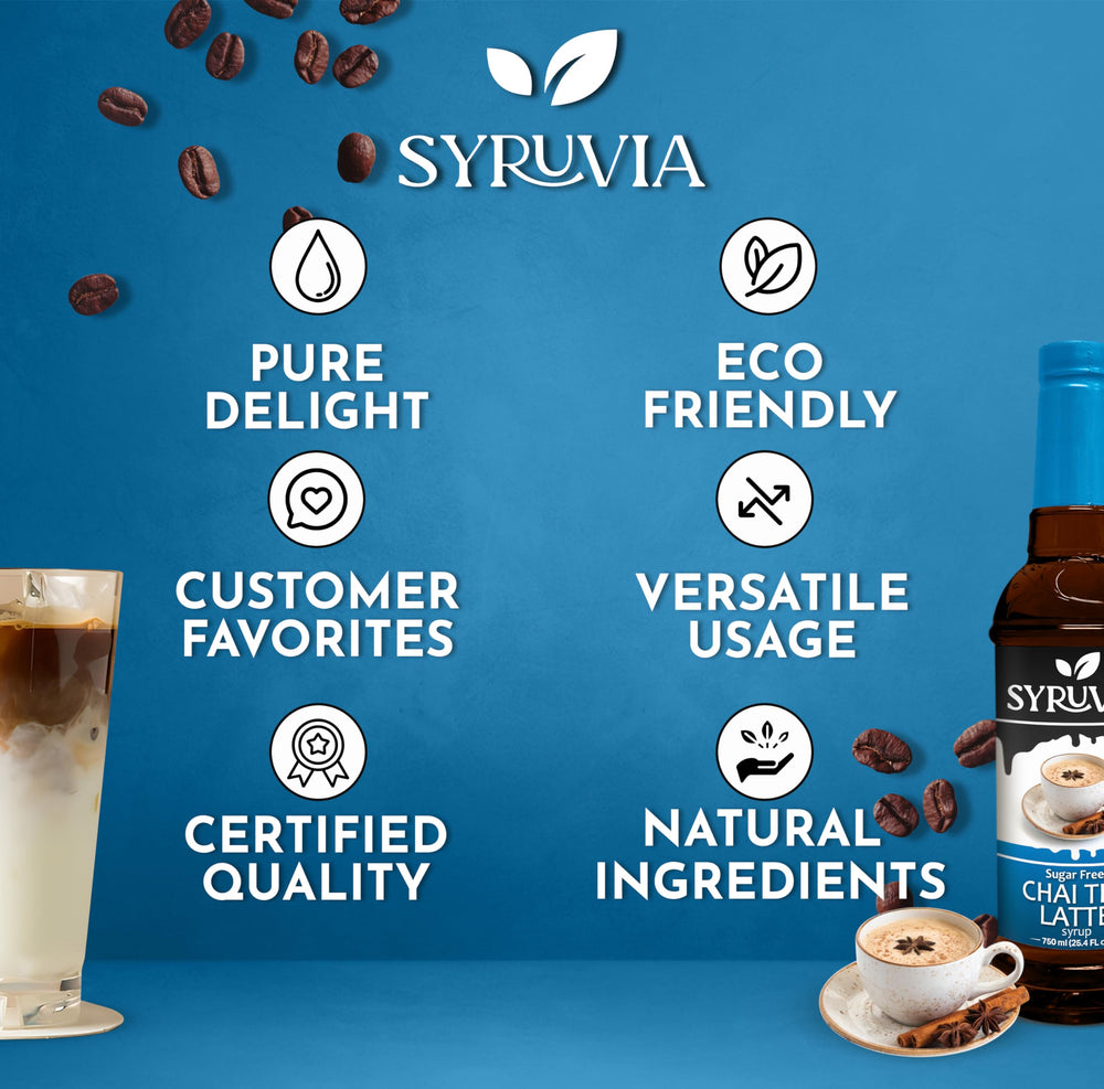 SYRUVIA Sugar Free Chai Tea Syrup atop foam in a cappuccino shows versatility