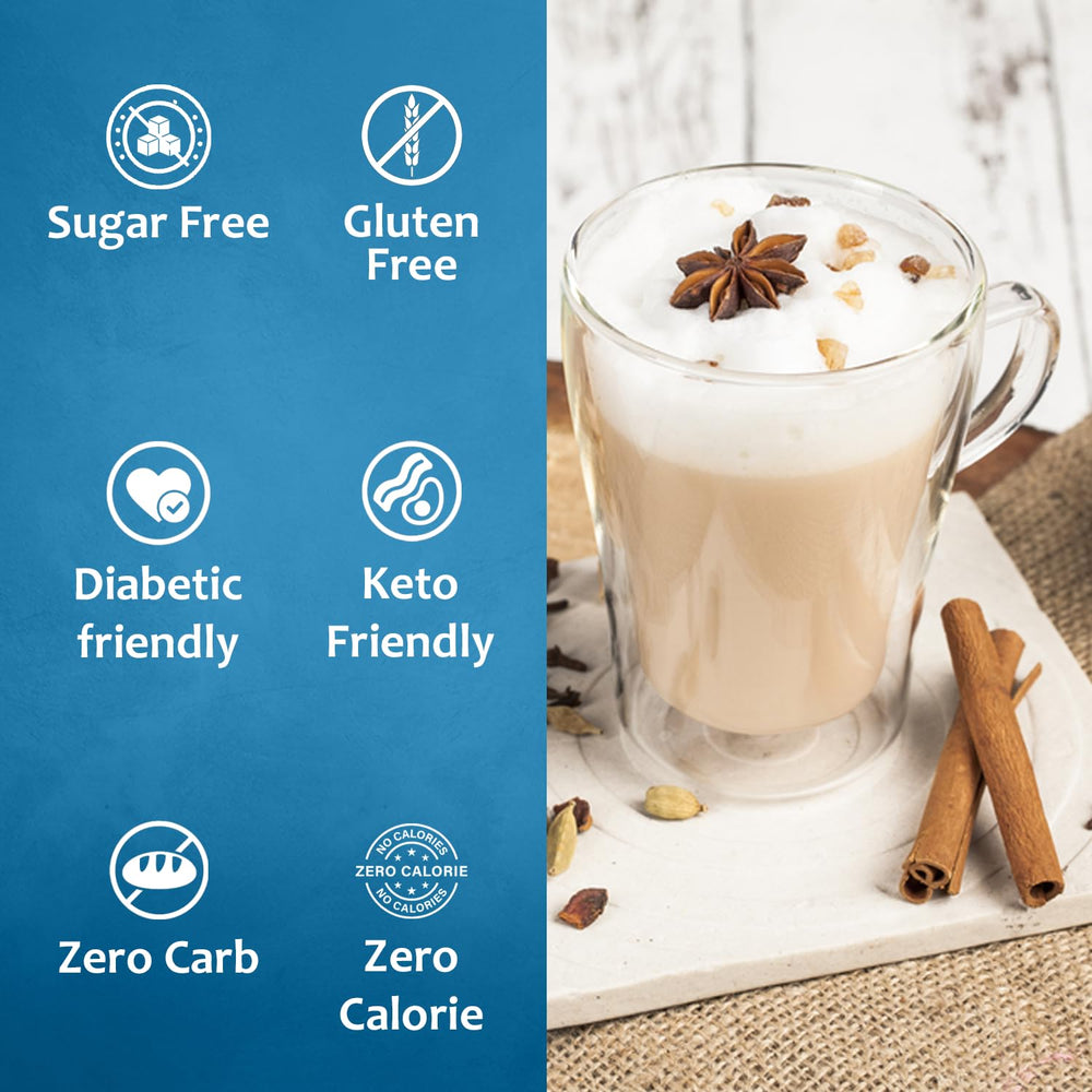 SYRUVIA Sugar Free Chai Tea Syrup bottle with spice imagery evokes exotic chai flavors