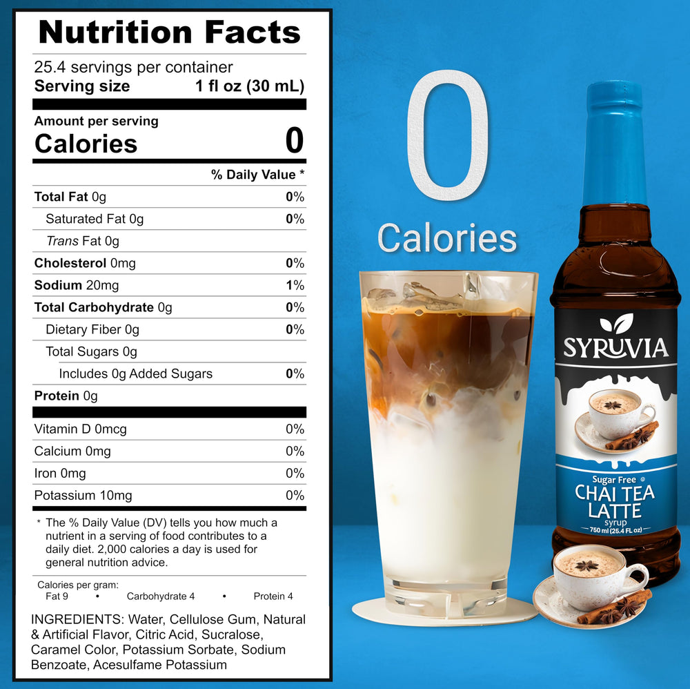 SYRUVIA Sugar Free Chai Tea Syrup being poured over a latte for flavor